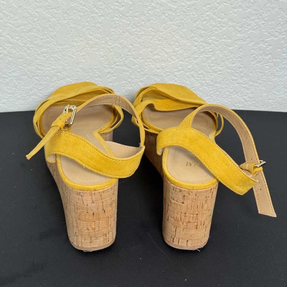 H&M Platform Wedge Sandals Womens 8.5 Yellow Faux Suede Cork Boho
